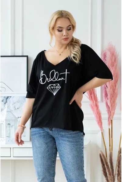 XL-ka Czarna bluzka z dekoltem w serek z nadrukiem - BRILLANT