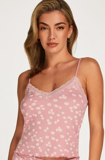 Hunkemöller Hunkemöller Cami Rib Lace Contrast Top Różowy