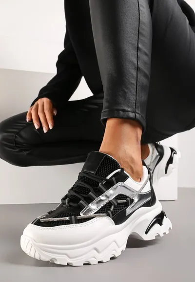 Renee Czarno-Białe Sneakersy z Metalicznymi Wstawkami na Niskiej Platformie z Ozdobnym Sznurkiem Oiriema