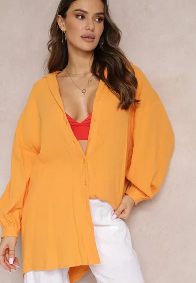 Renee Pomarańczowa Bawełniana Koszula Oversize z Przedłużonym Tyłem Gelacia
