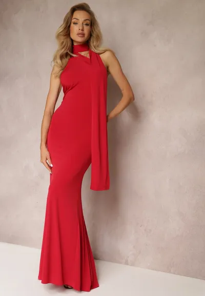 Renee Czerwona Asymetryczna Sukienka Maxi z Rozszerzanym Dołem na Jedno Ramię Halfrid