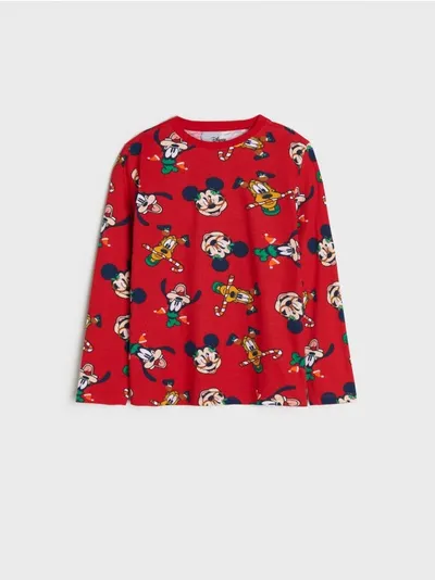 Sinsay Wygodna, bawełniana koszulka ze świątecznym nadrukiem Disneya. - czerwony