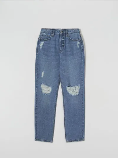 Sinsay Sponie jeansowe o prostym kroju z dekoracyjnymi przetarciami na nogawkach. - niebieski