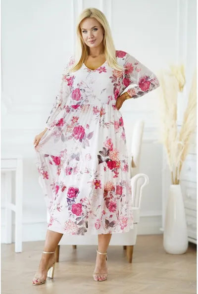 XL-ka Kremowa sukienka z siateczki z różami - Sintia