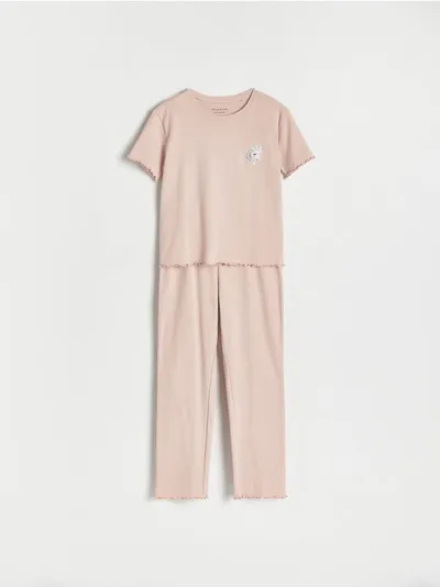 Reserved Piżama składająca się z t-shirtu i spodni, wykonana z bawełnianej dzianiny. - brudny róż