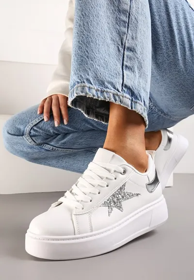 Renee Białe Sneakersy Ozdobione Brokatem na Niskiej Platformie Leonare