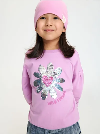 Sinsay Wygodna bluza z cekinami układającymi się w kształt kwiatka, wykonana z bawełnianej dzianiny. - fioletowy