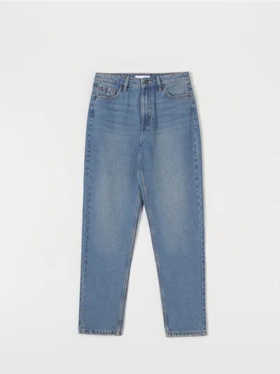 Sinsay Spodnie jeansowe o kroju mom, wykonane z bawełnianej tkaniny. - turkusowy