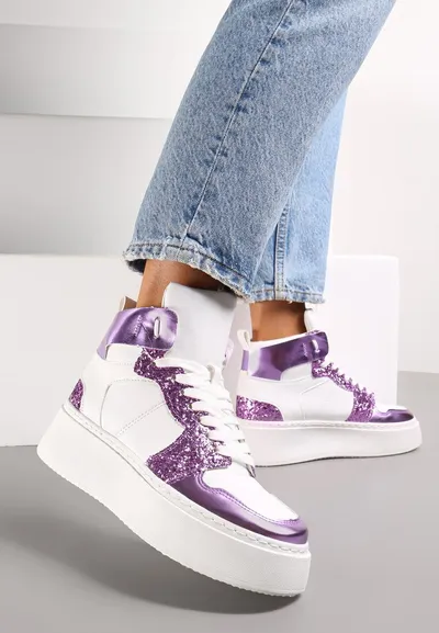 Renee Biało-Fioletowe Sznurowane Sneakersy za Kostkę z Brokatem i Metalicznymi Wstawkami Sareena