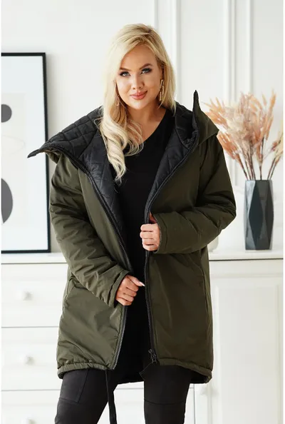 XL-ka Oliwkowa długa kurtka jesienna - zimowa z ozdobną naszywką na plecach - Loris