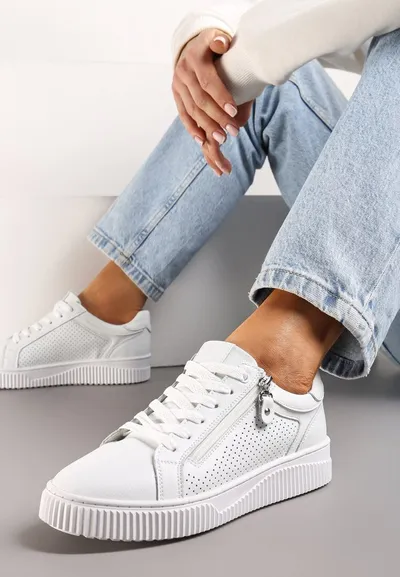 Renee Białe Sznurowane Sneakersy z Naturalnej Skóry Ozdobione Suwakiem Ciarra