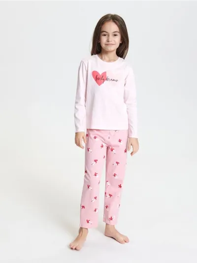 Sinsay Wygodna, bawełniana piżama dwuczęściowa z motywem w serduszka. - różowy