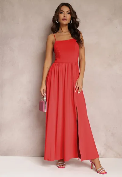 Renee Czerwona Rozkloszowana Sukienka Maxi na Cienkich Ramiączkach z Rozporkiem Weslyn