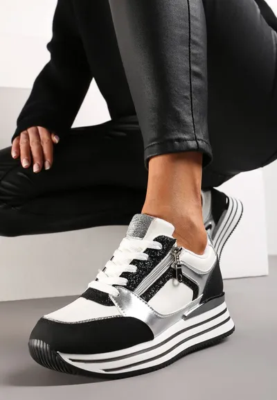 Renee Czarno-Białe Sneakersy z Brokatowymi Wstawkami i Krótkim Suwakiem Naiwra
