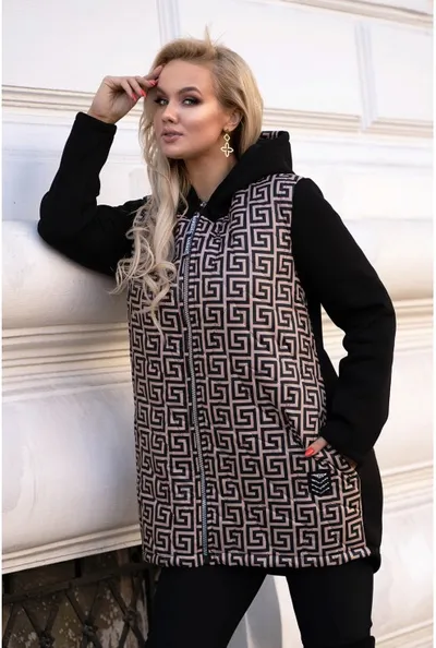XL-ka Czarna bluzo-kurtka z łączonych materiałów w karmelowy wzór - KATY