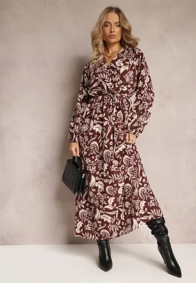 Renee Brązowa Maxi Sukienka w Modny Print o Rozkloszowanym Kroju z Gumką w Talii Sindis