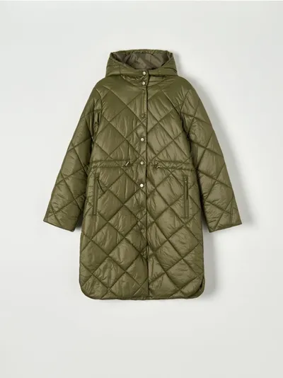 Sinsay Pikowany płaszcz z kapturem - zielony