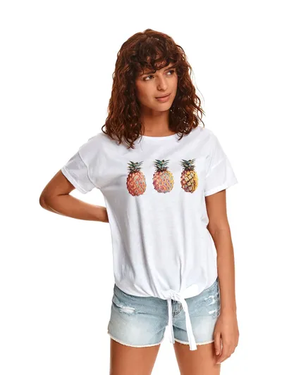 Top Secret T-shirt damski z nadrukiem w ananasy i wiązaniem w pasie