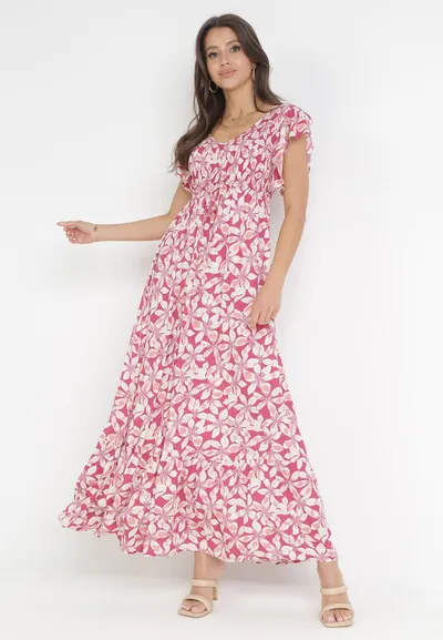 Born2be Różowa Rozkloszowana Sukienka Maxi z Wiskozy w Kwiaty Bathan