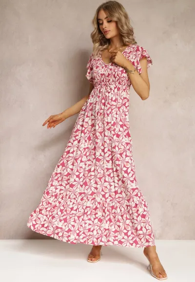 Renee Różowa Rozkloszowana Sukienka z Wiskozy w Kwiaty Ghedjed