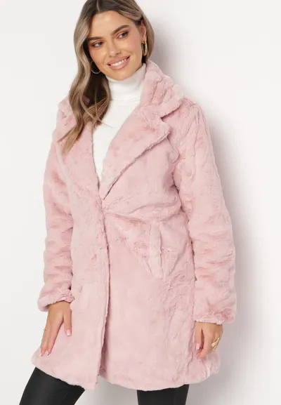 Born2be Różowy Futrzany Płaszcz Jednorzędowy Salida