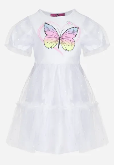 Born2be Biała Sukienka z Brokatowym Motylkiem i Tiulowym Dołem Princessia