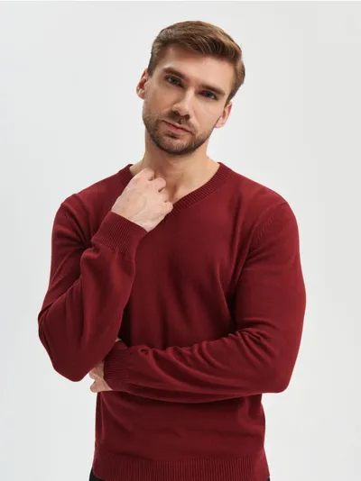 Sinsay Bawełniany sweter o regularnym kroju z dekoltem w serek. - czerwony