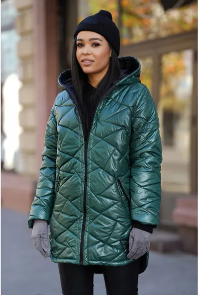 XL-ka Butelkowa długa zimowa kurtka pikowana z kapturem - Edwige