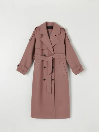 Sinsay Elegancki płaszcz z paskiem, wykonany z materiału odpornego na rozciąganie. - fioletowy