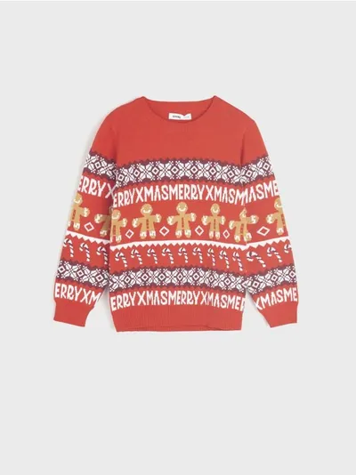 Sinsay Wygodny sweter wykonany z miękkiej, bawełnianej dzianiny. Świąteczny wzór na całości. - czerwony