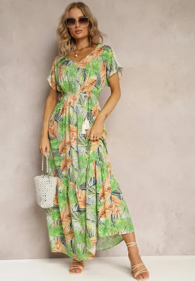 Renee Zielono-Pomarańczowa Maxi Sukienka z Wiskozy w Kwiatowy Print ze Sznurkiem w Talii Anukka