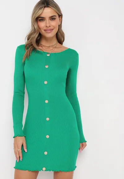 Born2be Zielona Sweterkowa Sukienka Mini z Wiskozy Parimela