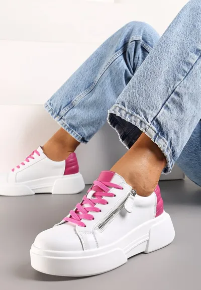 Renee Biało-Różowe Skórzane Sneakersy na Platformie z Ozdobnym Suwakiem z Boku Leomiana