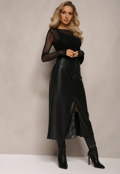 Renee Czarna Trapezowa Spódnica Maxi z Imitacji Skóry Selariel