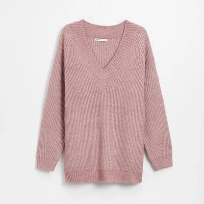 House Długi sweter z dekoltem w serek różowy - Różowy