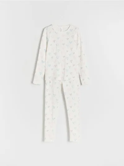 Reserved Piżama składająca się z koszulki i spodni, uszyta z bawełny z dodatkiem elastycznych włókien. - złamana biel