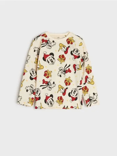 Sinsay Wygodna, bawełniana koszulka ze świątecznym motywem Disneya. - kremowy