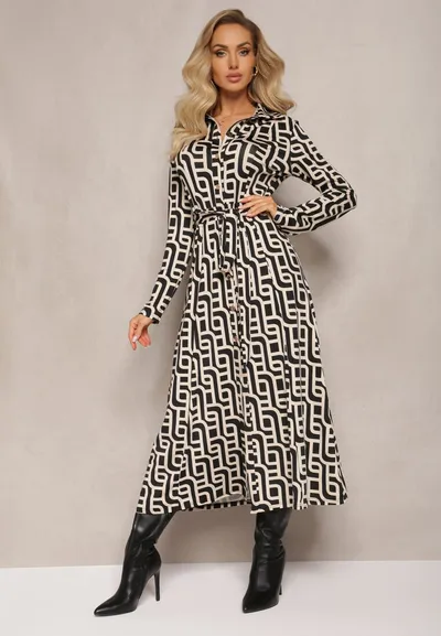 Renee Beżowo-Czarna Koszulowa Sukienka Maxi w Geometryczny Print Gelismi