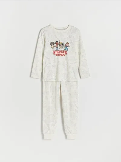 Reserved Dwuczęściowa piżama o prostym fasonie, wykonana z bawełnianej dzianiny. - złamana biel