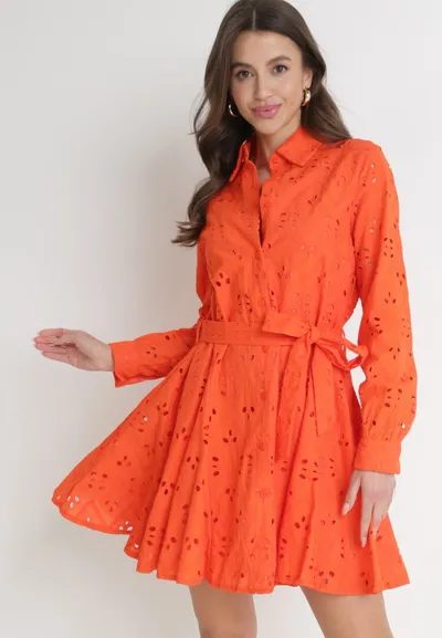 Born2be Pomarańczowa Ażurowa Sukienka Bawełniana z Wiązanym Paskiem Ilerah