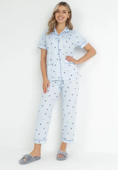 Born2be Niebieski 2-częściowy Komplet Piżamowy z Koszulą i Spodniami z Gumką w Pasie Apoda