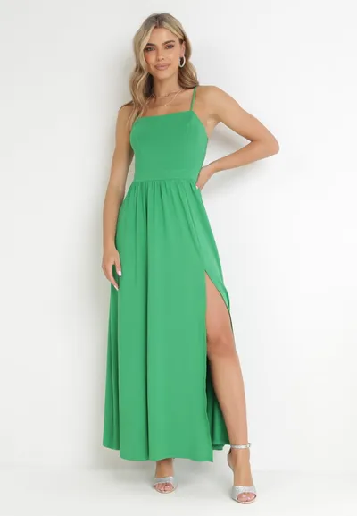 Born2be Zielona Sukienka Maxi na Ramiączkach z Rozcięciem na Dole i Kwadratowym Dekoltem Jacklyn