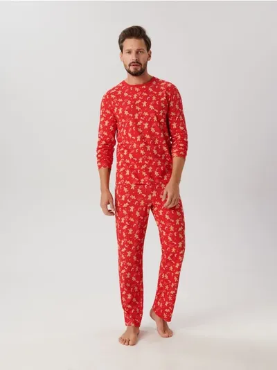 Sinsay Bawełniana piżama dwuczęściowa z świątecznej kolekcji Happy Family. - czerwony