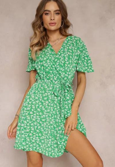 Renee Zielona Sukienka Mini w Kwiatki z Gumką w Pasie Irarria