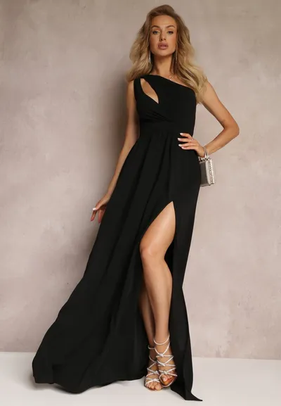 Renee Czarna Asymetryczna Sukienka Na Jedno Ramię z Rozcięciem na Dole Xionia