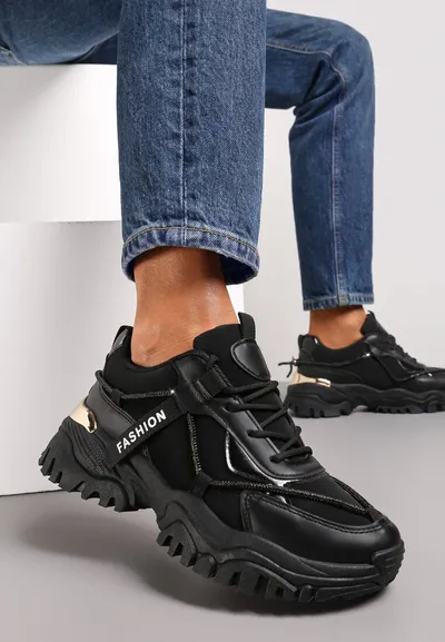 Renee Czarne Sznurowane Sneakersy z Ozdobnym Paskiem i Metalicznymi Wstawkami Asterella