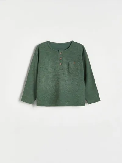 Reserved Koszulka typu longsleeve, wykonana ze strukturalnej, bawełnianej dzianiny. - zielony