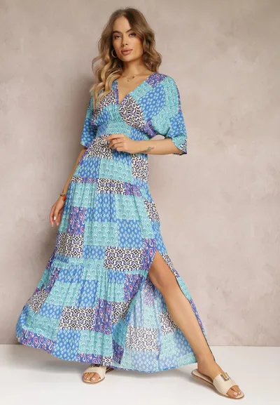 Renee Niebieska Sukienka Maxi z Krótkim Rękawem i Gumkami w Talii z Wiskozy Aveda