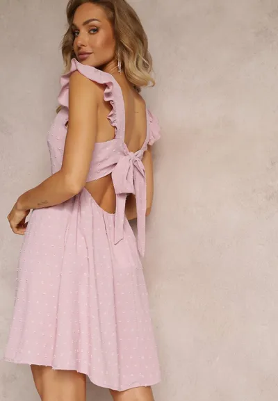 Renee Różowa Mini Sukienka z Odkrytymi Plecami Wykonana z Tkaniny Plumeti Telmolio