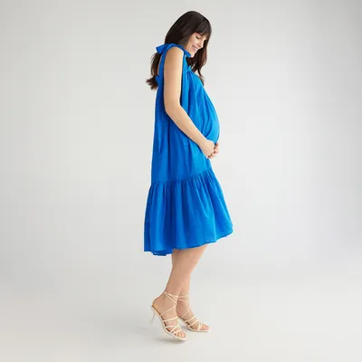Reserved Bawełniana sukienka z falbaną - Niebieski